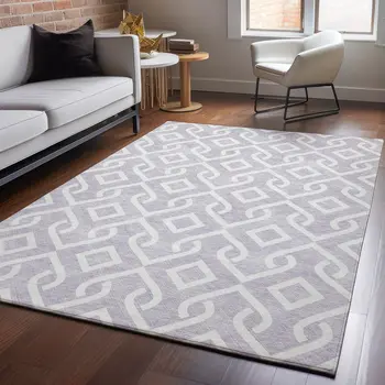 8' X 10' Lavender And Ivory Geometric Washable Area Rug With UV Protection