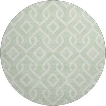 8' Mint Green And Ivory Geometric Washable Round Rug With UV Protection