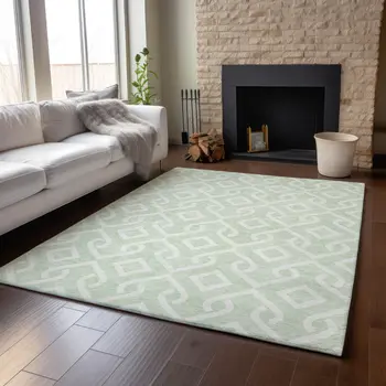 9' X 12' Mint Green And Ivory Geometric Washable Area Rug With UV Protection