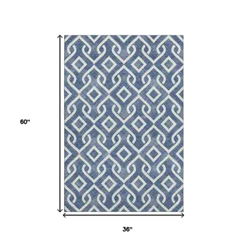 3' X 5' Navy Blue And Ivory Geometric Washable Area Rug With UV Protection