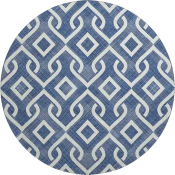 8' Navy Blue And Ivory Geometric Washable Round Rug With UV Protection