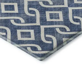 8' Navy Blue And Ivory Geometric Washable Round Rug With UV Protection