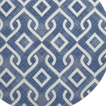 8' Navy Blue And Ivory Geometric Washable Round Rug With UV Protection