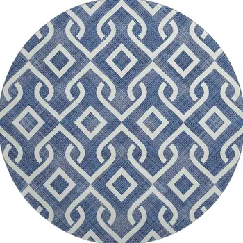 8' Navy Blue And Ivory Geometric Washable Round Rug With UV Protection