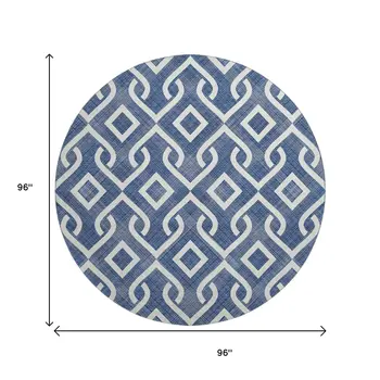 8' Navy Blue And Ivory Geometric Washable Round Rug With UV Protection