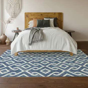 8' X 10' Navy Blue And Ivory Geometric Washable Area Rug With UV Protection