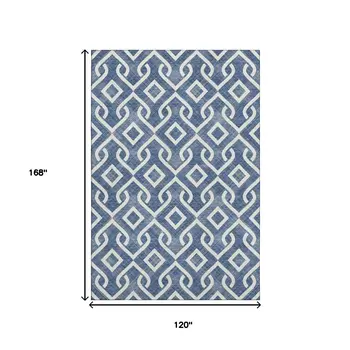 10' X 14' Navy Blue And Ivory Geometric Washable Area Rug With UV Protection