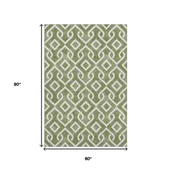5' X 8' Olive Green And Ivory Geometric Washable Area Rug With UV Protection