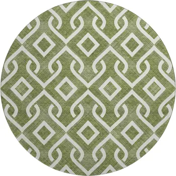 8' Olive Green And Ivory Geometric Washable Round Rug With UV Protection
