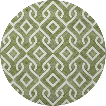 8' Olive Green And Ivory Geometric Washable Round Rug With UV Protection