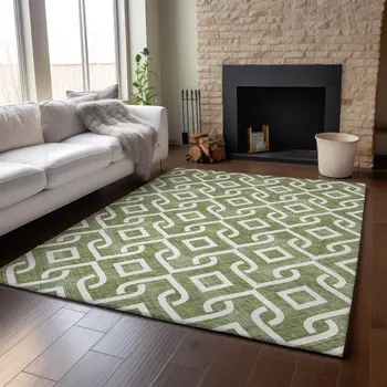9' X 12' Olive Green And Ivory Geometric Washable Area Rug With UV Protection