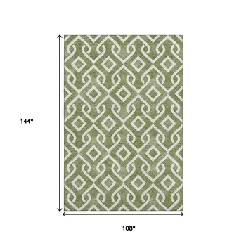 9' X 12' Olive Green And Ivory Geometric Washable Area Rug With UV Protection