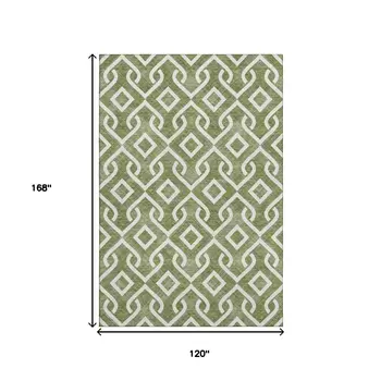 10' X 14' Olive Green And Ivory Geometric Washable Area Rug With UV Protection