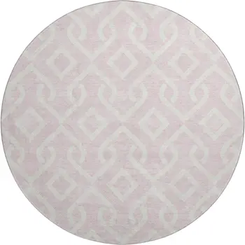 8' Pink And Ivory Geometric Washable Round Rug With UV Protection