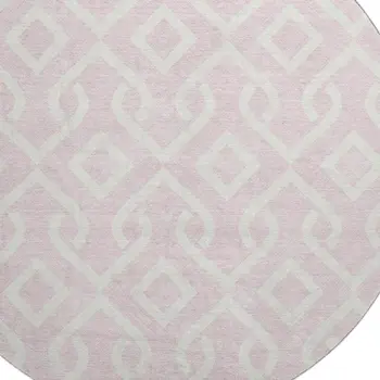 8' Pink And Ivory Geometric Washable Round Rug With UV Protection