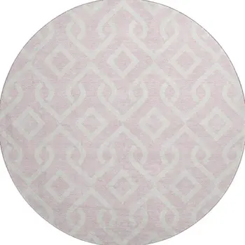 8' Pink And Ivory Geometric Washable Round Rug With UV Protection