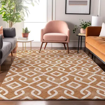3' X 5' Chili Red And Ivory Geometric Washable Area Rug With UV Protection