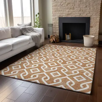 3' X 5' Chili Red And Ivory Geometric Washable Area Rug With UV Protection