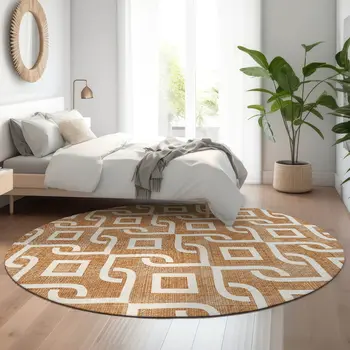 8' Chili Red And Ivory Geometric Washable Round Rug With UV Protection