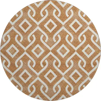 8' Chili Red And Ivory Geometric Washable Round Rug With UV Protection