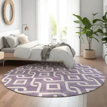 8' Purple And Ivory Geometric Washable Round Rug With UV Protection