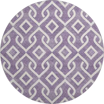 8' Purple And Ivory Geometric Washable Round Rug With UV Protection
