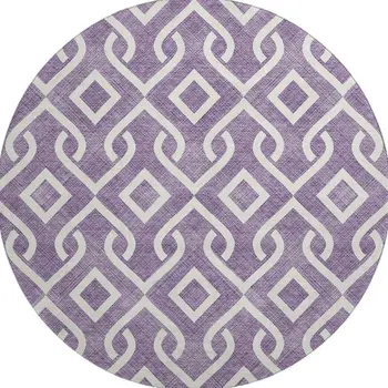 8' Purple And Ivory Geometric Washable Round Rug With UV Protection