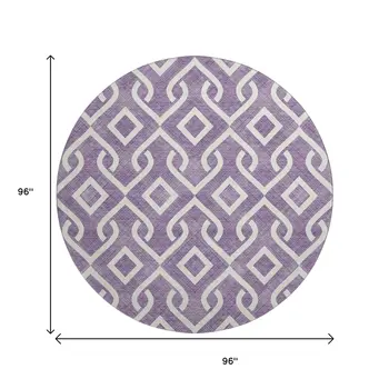 8' Purple And Ivory Geometric Washable Round Rug With UV Protection