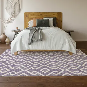 9' X 12' Purple And Ivory Geometric Washable Area Rug With UV Protection