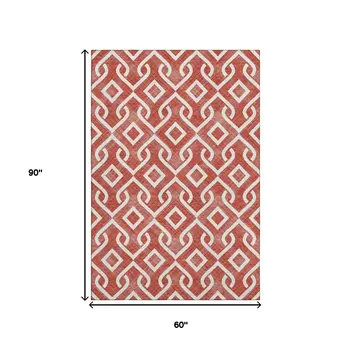 5' X 8' Red And Ivory Geometric Washable Area Rug With UV Protection
