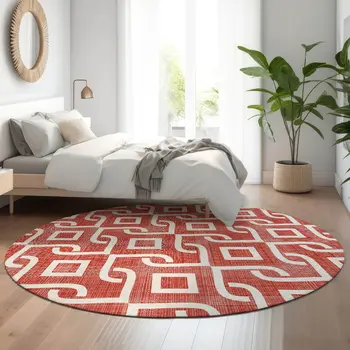 8' Red And Ivory Geometric Washable Round Rug With UV Protection