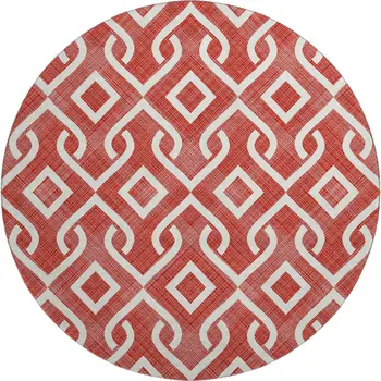 8' Red And Ivory Geometric Washable Round Rug With UV Protection