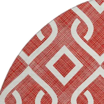 8' Red And Ivory Geometric Washable Round Rug With UV Protection