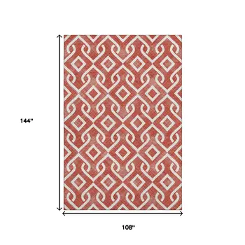 9' X 12' Red And Ivory Geometric Washable Area Rug With UV Protection