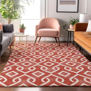 10' X 14' Red And Ivory Geometric Washable Area Rug With UV Protection