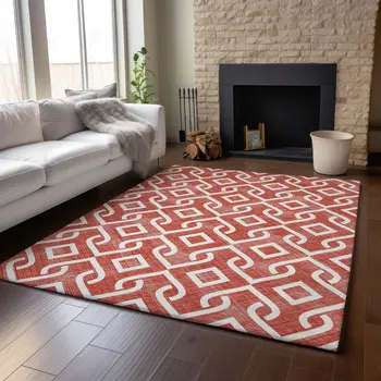 10' X 14' Red And Ivory Geometric Washable Area Rug With UV Protection