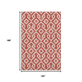 10' X 14' Red And Ivory Geometric Washable Area Rug With UV Protection