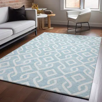 3' X 5' Sky Blue And Ivory Geometric Washable Area Rug With UV Protection