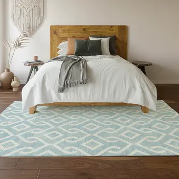 3' X 5' Sky Blue And Ivory Geometric Washable Area Rug With UV Protection