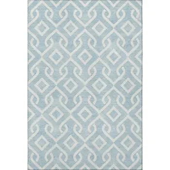 3' X 5' Sky Blue And Ivory Geometric Washable Area Rug With UV Protection