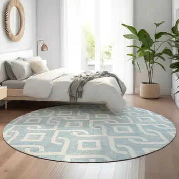 8' Sky Blue And Ivory Geometric Washable Round Rug With UV Protection
