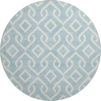 8' Sky Blue And Ivory Geometric Washable Round Rug With UV Protection