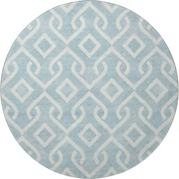 8' Sky Blue And Ivory Geometric Washable Round Rug With UV Protection