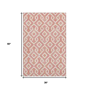 3' X 5' Salmon And Ivory Geometric Washable Area Rug With UV Protection