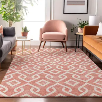 8' X 10' Salmon And Ivory Geometric Washable Area Rug With UV Protection