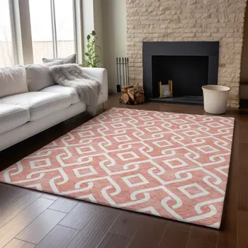 8' X 10' Salmon And Ivory Geometric Washable Area Rug With UV Protection