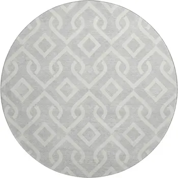 8' Silver And Ivory Geometric Washable Round Rug With UV Protection