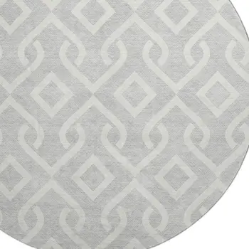 8' Silver And Ivory Geometric Washable Round Rug With UV Protection