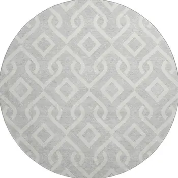 8' Silver And Ivory Geometric Washable Round Rug With UV Protection
