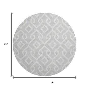 8' Silver And Ivory Geometric Washable Round Rug With UV Protection